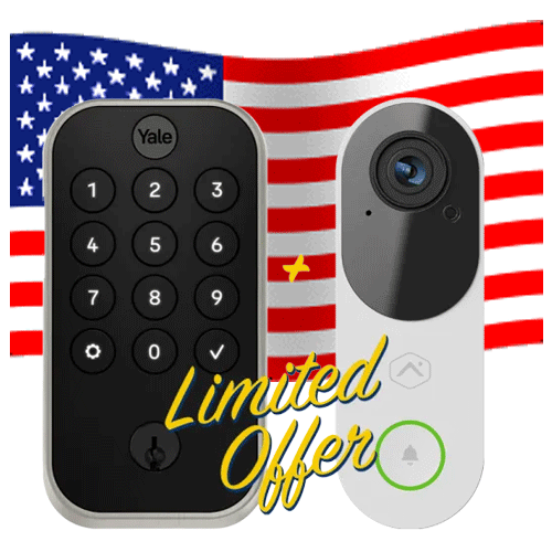 Yale smart lock keypad and video doorbell with American flag background and Limited Offer text overlay.