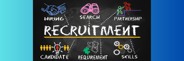 Chalkboard-style recruitment concept with icons for hiring, search, partnership, candidate, requirement, and skills.