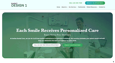 Dental clinic website homepage showing personalized care message with appointment call-to-action buttons.