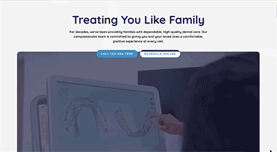 Dental clinic website hero showing digital dental modeling on screen with call to action buttons.