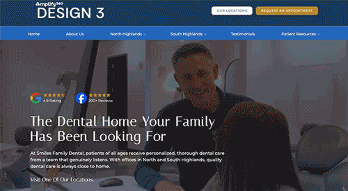 Dentist consulting a patient in a modern dental office with positive reviews and appointment options.