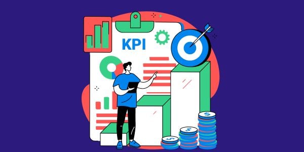 Person analyzing KPI charts with bar graphs, target, and stacks of coins symbolizing financial growth.