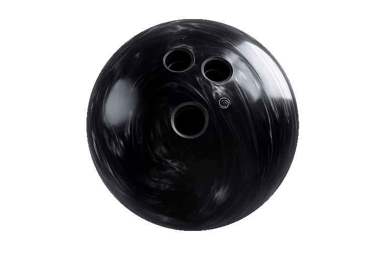 Glossy black bowling ball with white swirl patterns and three finger holes on black background