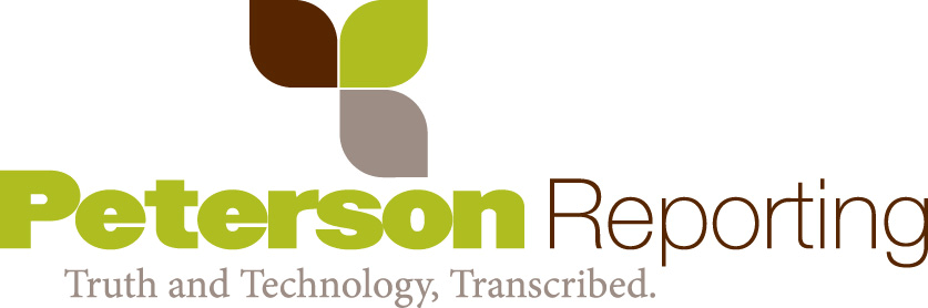 Peterson Reporting logo with green, brown, and gray leaves and tagline Truth and Technology, Transcribed.
