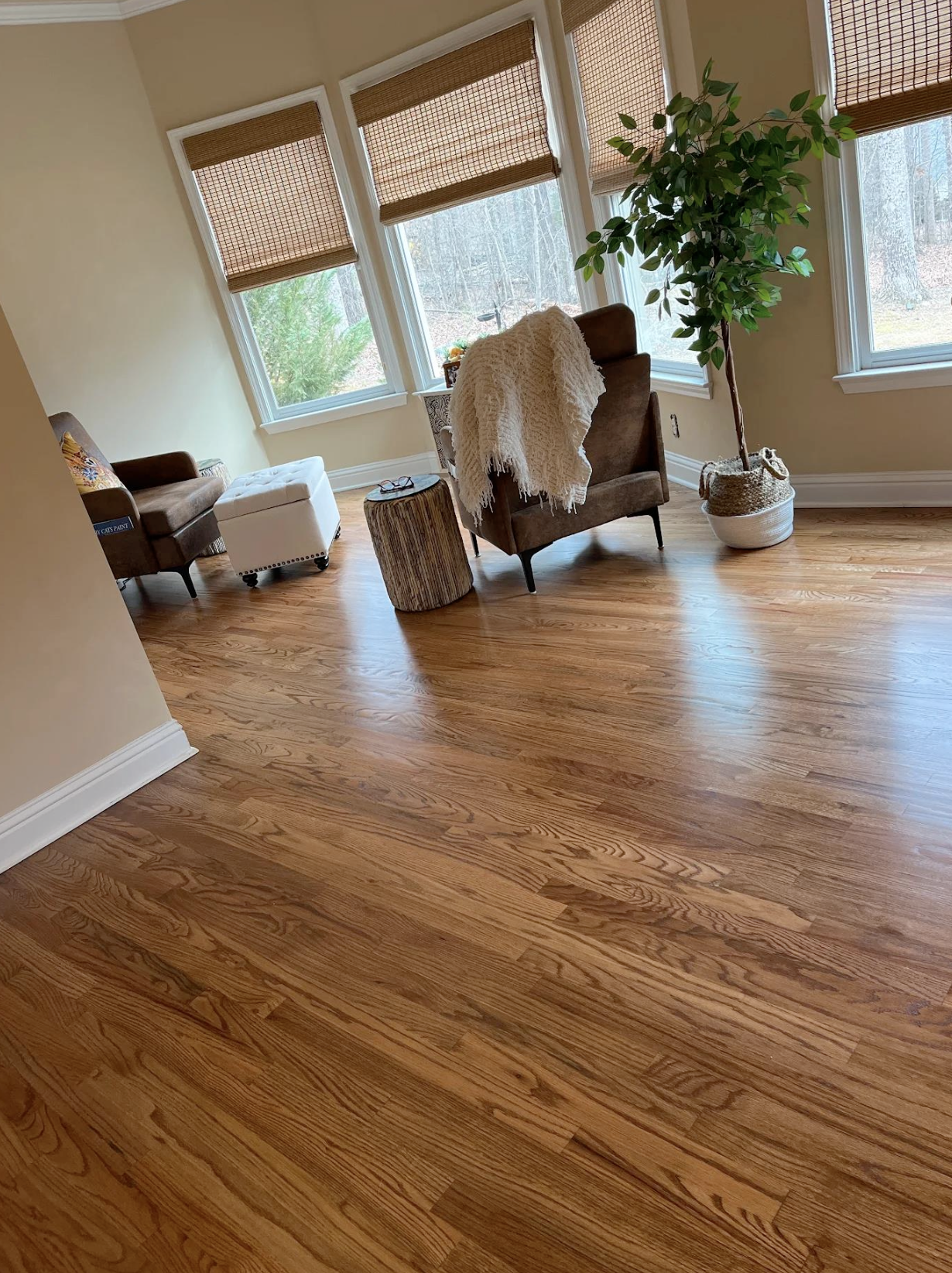 1,100 sq ft solid oak hardwood floors refinished in Johns Creek, GA by Concept Flooring