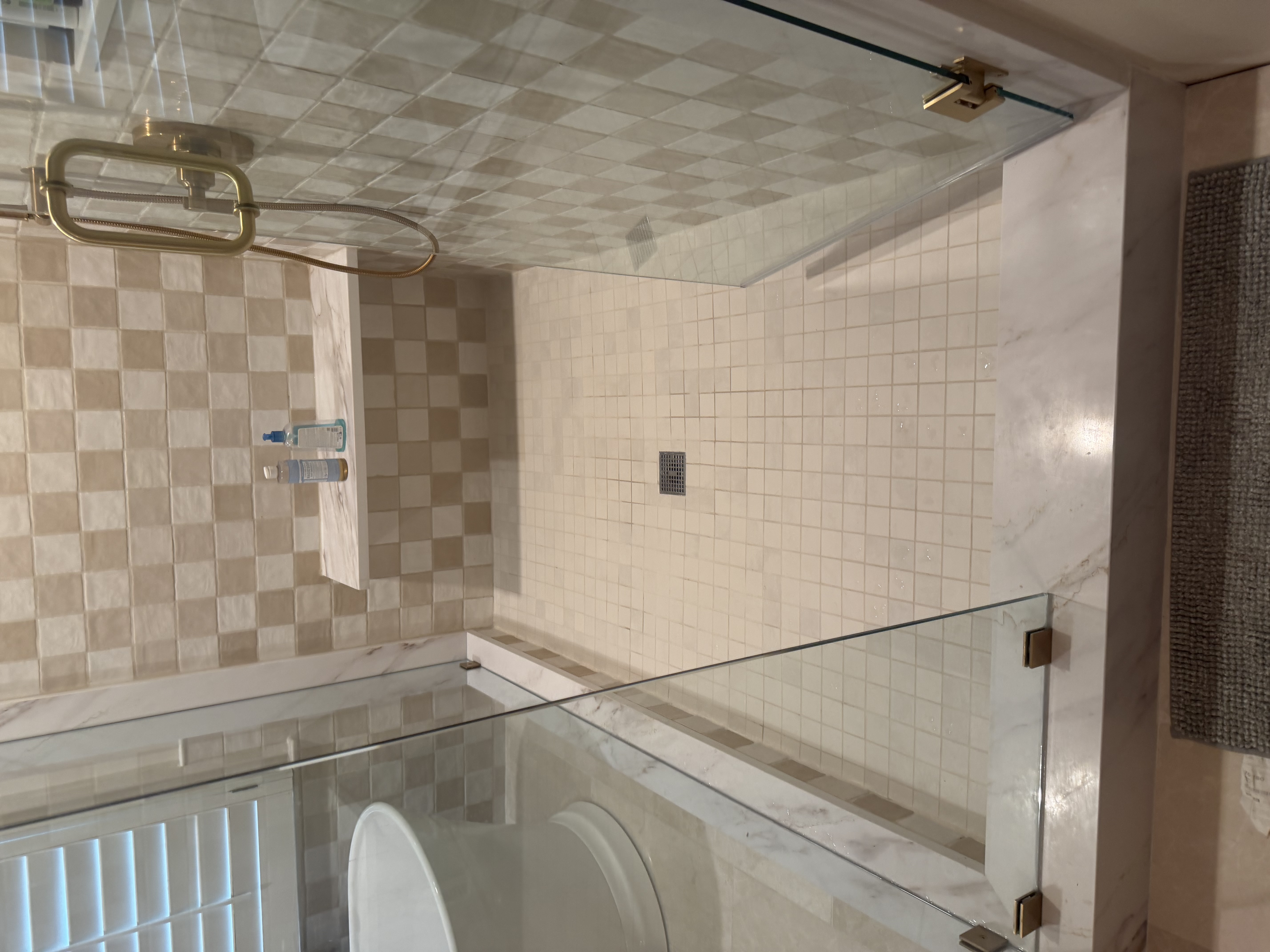 Custom tiled shower with a glass enclosure and mosaic floor