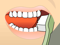 Cartoon illustration of teeth being brushed with a toothbrush inside an open mouth