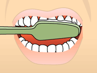 Illustration of a green toothbrush brushing the inside of upper teeth and gums in an open mouth.