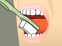 Illustration of a person brushing their teeth with a green toothbrush inside an open mouth