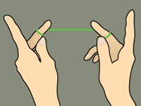 Two hands with green looped string stretched between index fingers illustrating Cat's Cradle game.