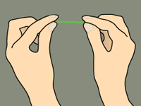 Illustration of two hands holding a stretched green rubber band against a gray background.