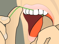 Close-up illustration of a person flossing teeth with green dental floss between fingers and teeth.