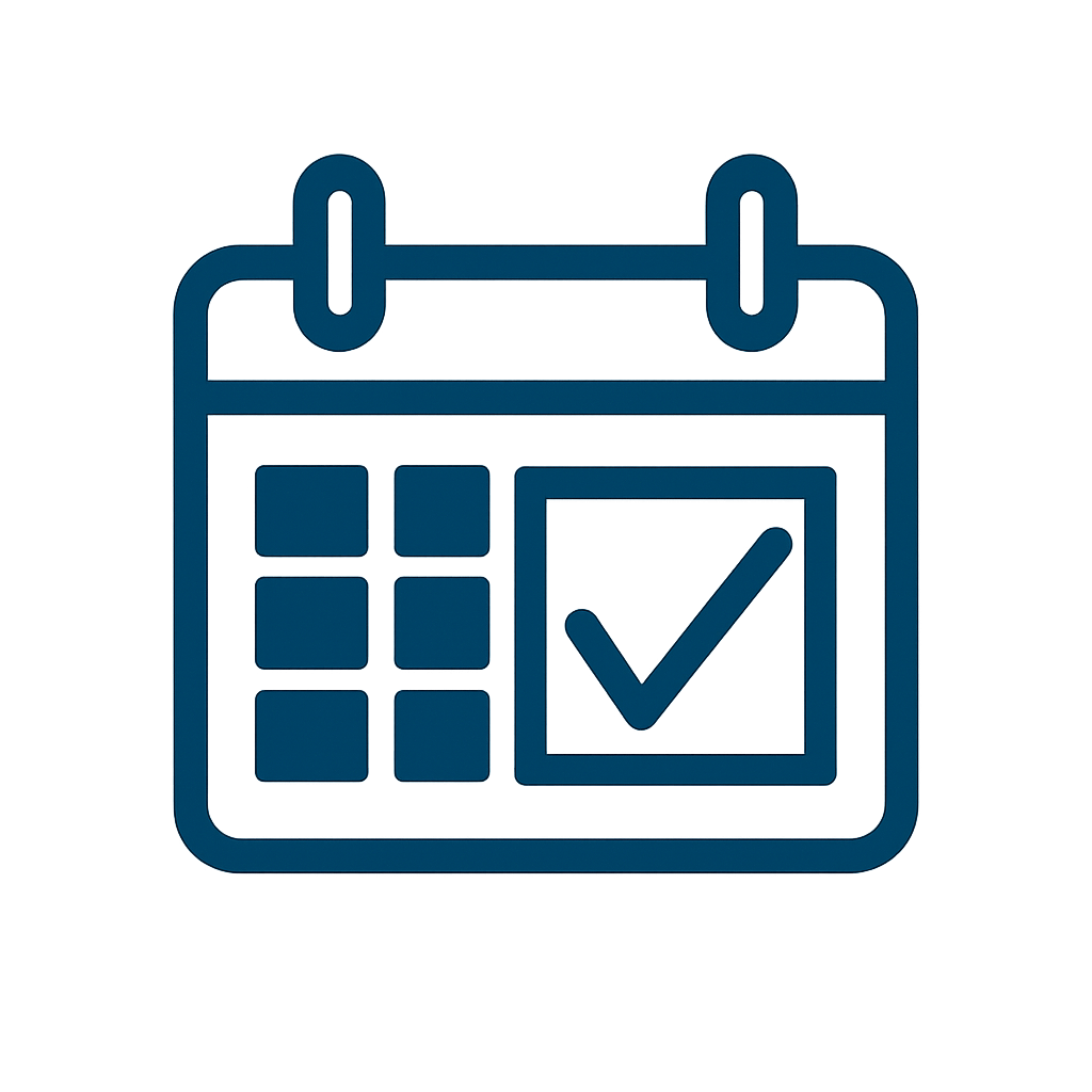 Blue calendar icon with a checkmark