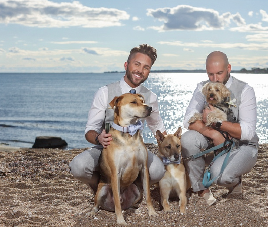 Dr. Starr and family holding dogs on a beach