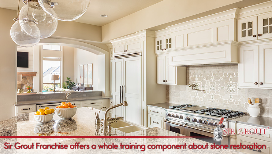 Picture of a kitchen with marble countertops