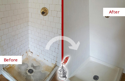 Before and After picture of a shower restoration service