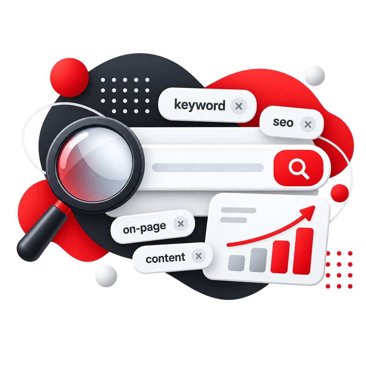 Magnifying glass over a search bar with SEO keyword tags and a rising chart