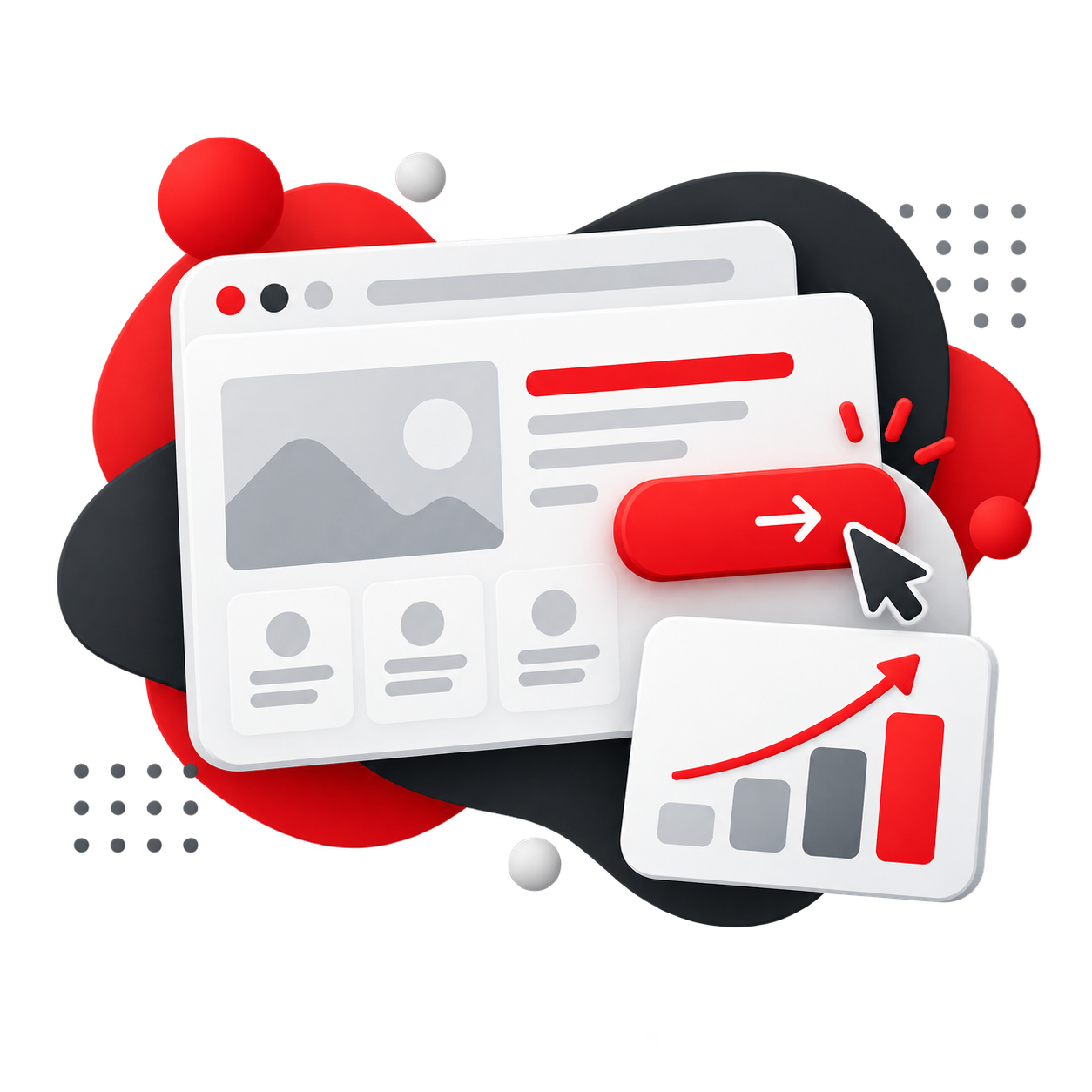Website homepage mockup with a call-to-action button and growth chart