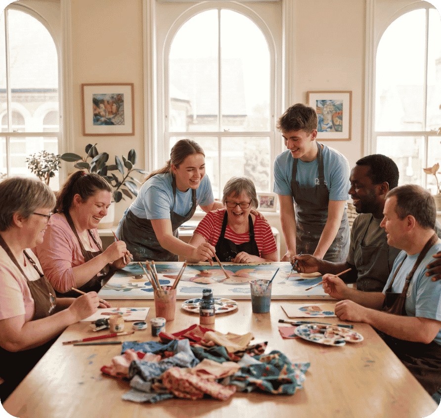 Volunteers and participants creating art together at The Haven GTX