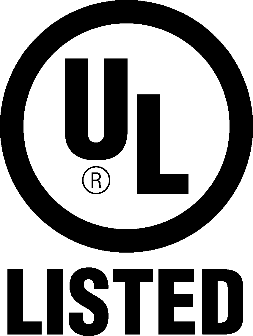 Black and white UL Listed certification logo with bold letters inside a circle and text below.