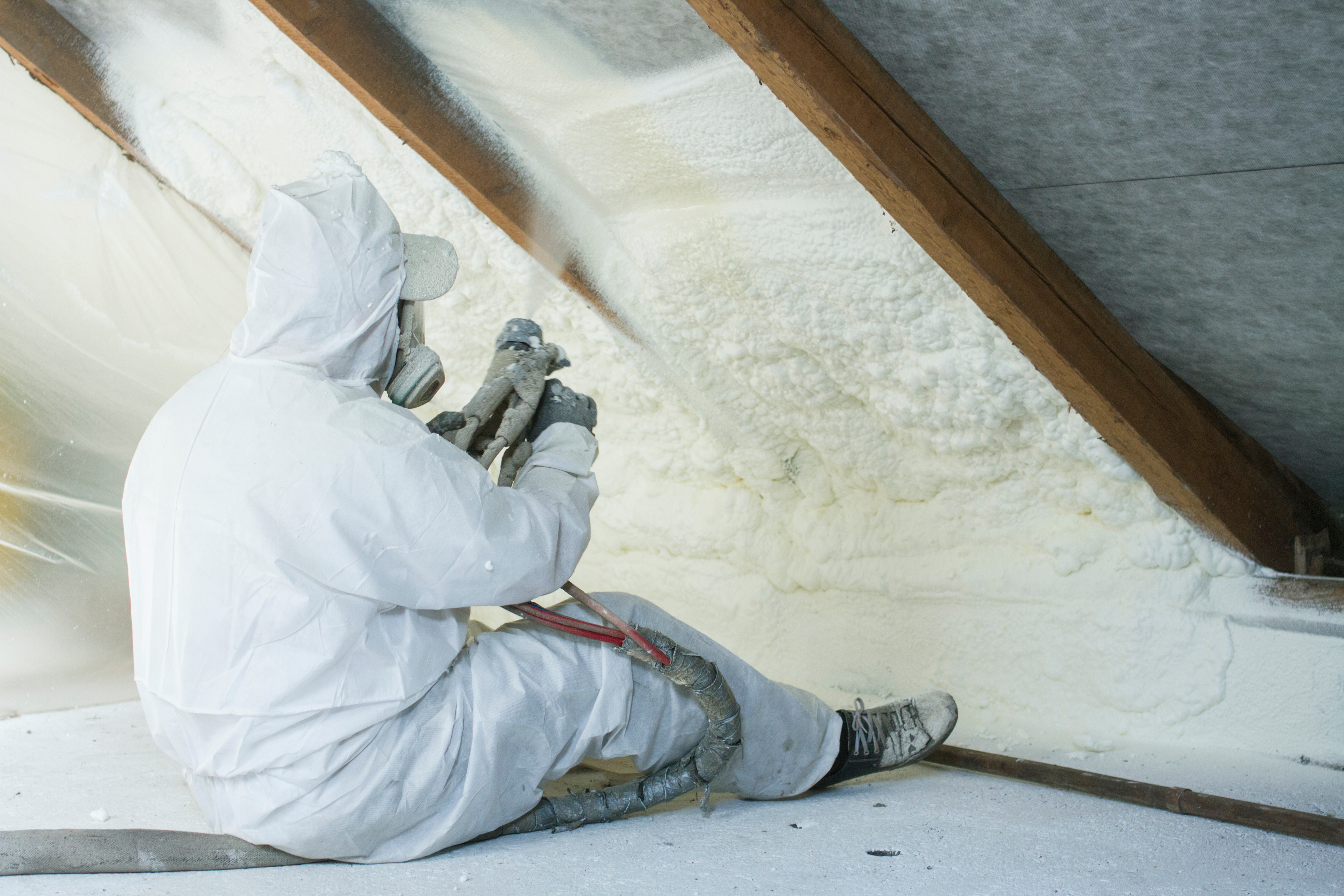 Spray foam insulation in an attic
